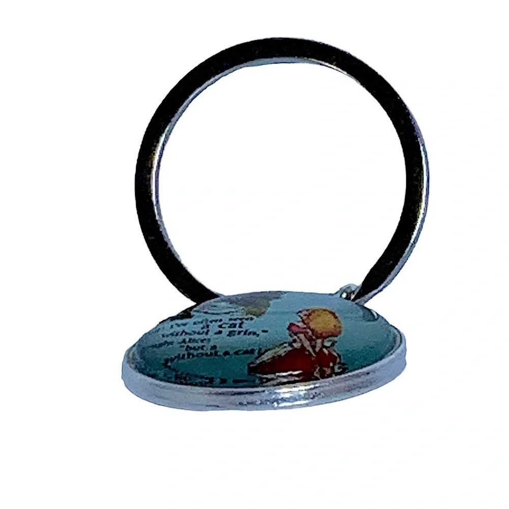 Alice in Wonder Land Keychain Key Holder Round Glass Cabochon Dome Silver Blue